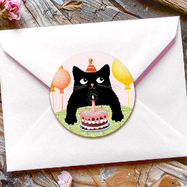 Pegatina Cuadrada Gato de cumpleaños con tarta y globos fiestas