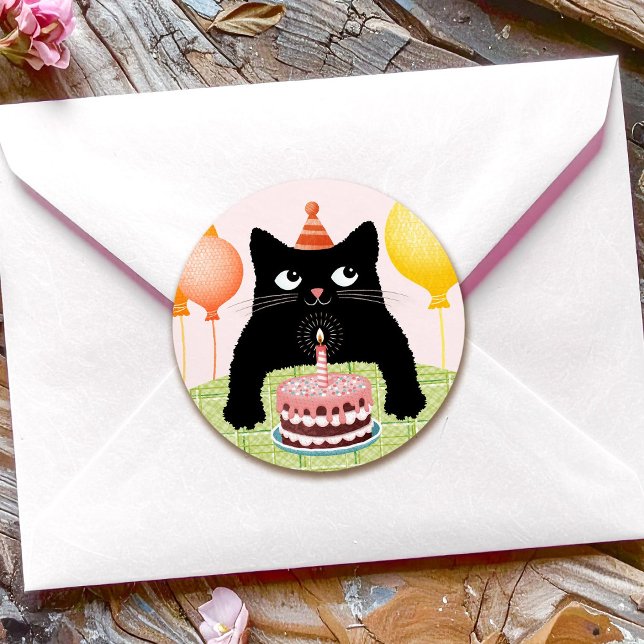 Pegatina Cuadrada Gato de cumpleaños con tarta y globos fiestas (Subido por el creador)