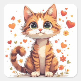 Pegatina Cuadrada Gato De Dibujos Animados Adorable Con Corazones Fl