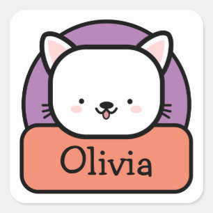 Pegatina Cuadrada Gato de dibujos animados blanco lindo personalizad