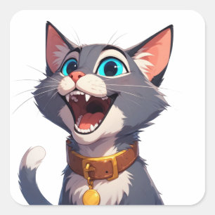 Pegatina Cuadrada Gato de dibujos animados feliz con ojos azules mas