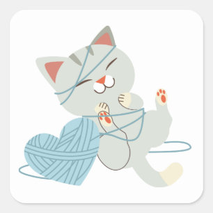 Pegatina Cuadrada Gato de dibujos animados gris adorable hola amor g
