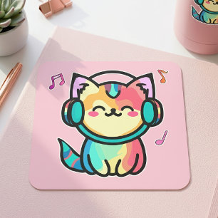 Pegatina Cuadrada Gato de dibujos animados kawaii sonriente con auri