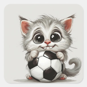 Pegatina Cuadrada Gato de dibujos animados lindo sosteniendo balón d