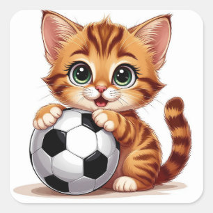 Pegatina Cuadrada Gato de Dibujos Animados Lindo Sosteniendo Balón d