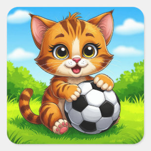 Pegatina Cuadrada Gato de Dibujos Animados Lindo Sosteniendo Balón d