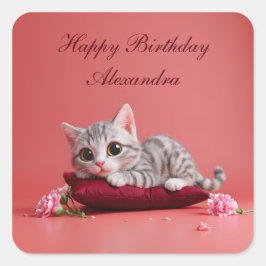 Pegatina Cuadrada Gato de enero lindo con claveles