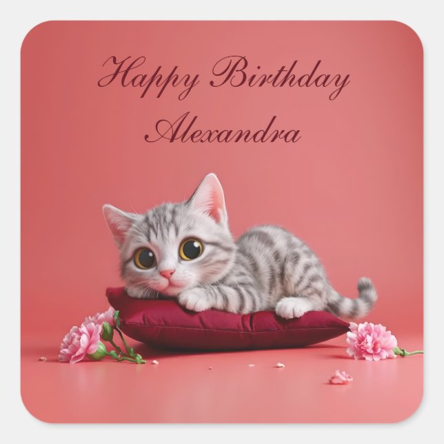 Pegatina Cuadrada Gato de enero lindo con claveles (Anverso)