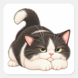 Pegatina Cuadrada Gato de Esmoquin Gruñón Diseño de Gatito Enfadado