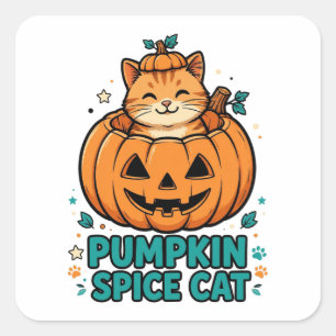 Pegatina Cuadrada Gato de Especias de Calabaza Halloween Gato Naranj