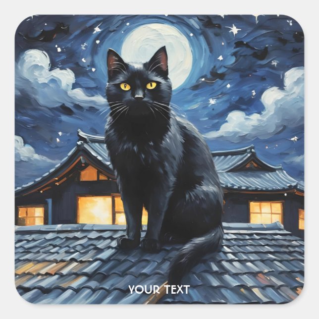 Pegatina Cuadrada Gato de Fantasy Cute Night Stars (Anverso)