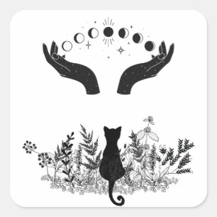 Pegatina Cuadrada Gato de Fases de la Luna Celestial Vintage
