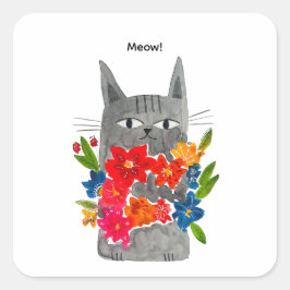 Pegatina Cuadrada Gato de flores