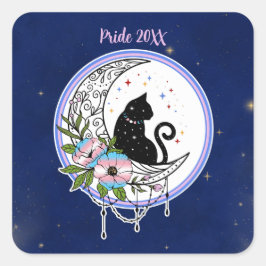 Pegatina Cuadrada Gato de galaxia y flores en colores de bandera tra