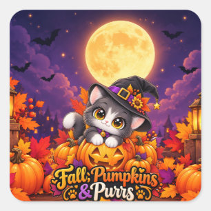 Pegatina Cuadrada Gato de Halloween Adorable Calabazas de Otoño y Ro