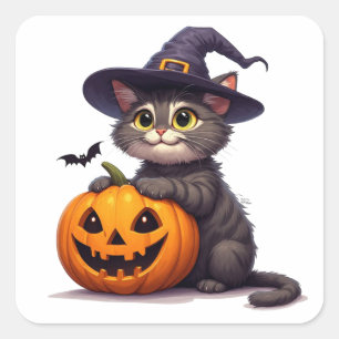 Pegatina Cuadrada Gato De Halloween Adorable Con Sombrero De Bruja �