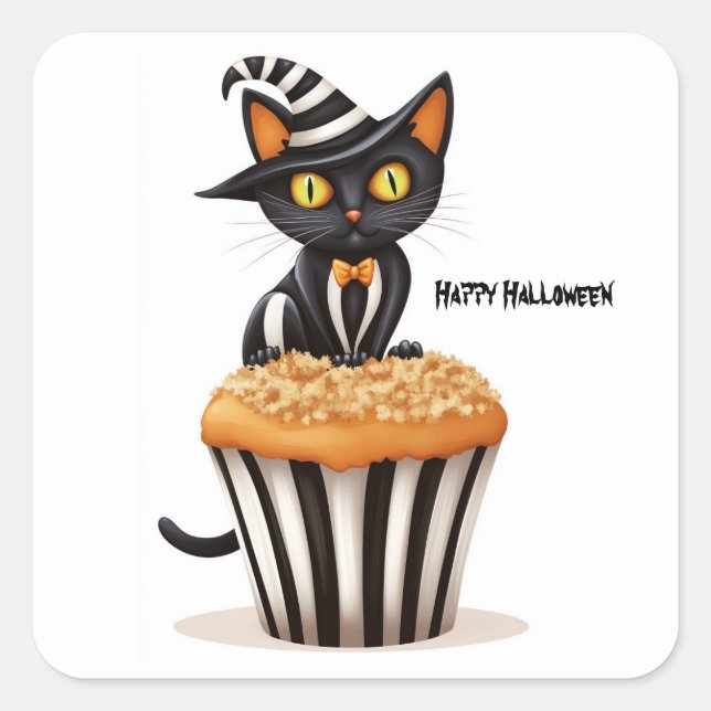 Pegatina Cuadrada Gato de Halloween con muffin (Anverso)