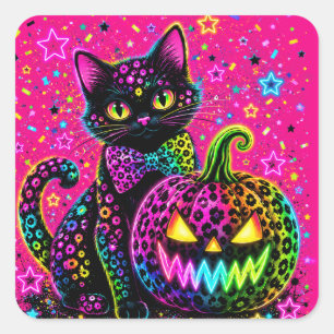 Pegatina Cuadrada Gato de Halloween Leopardo Neon y Fiesta de Calaba