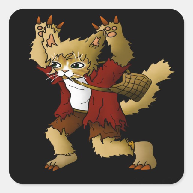 Pegatina Cuadrada Gato de Halloween Werewolf (Anverso)