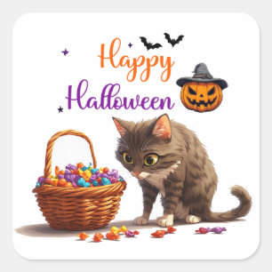 Pegatina Cuadrada Gato de Halloween y sorpresa de dulces de Jack O L