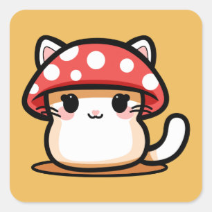 Pegatina Cuadrada Gato de hongo Kawaii