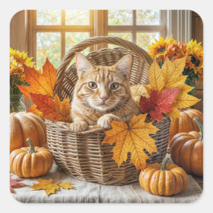 Pegatina Cuadrada Gato de jengibre en la canasta de otoño