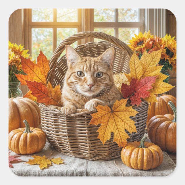Pegatina Cuadrada Gato de jengibre en la canasta de otoño (Anverso)
