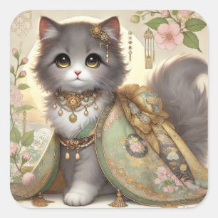 Pegatina Cuadrada Gato de kimono verde primavera