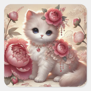 Pegatina Cuadrada Gato de la princesa cute peony