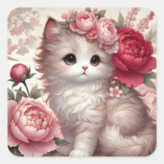 Pegatina Cuadrada Gato de la princesa cute peony