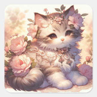 Pegatina Cuadrada Gato de las flores de primavera