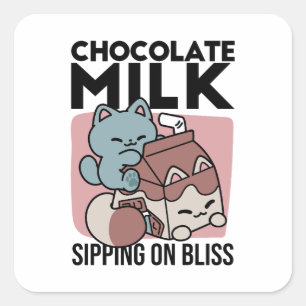 Pegatina Cuadrada Gato de Leche Chocolate Kawaii – Bebida Acogedora 