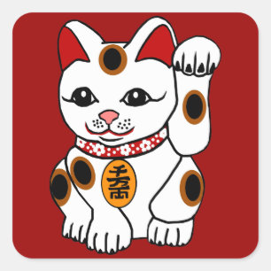 Pegatina Cuadrada Gato de Maneki Neko en fondo rojo