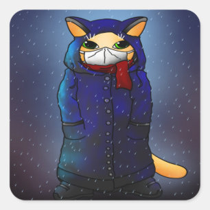 Pegatina Cuadrada Gato de máscara de la cara de la lluvia nocturna