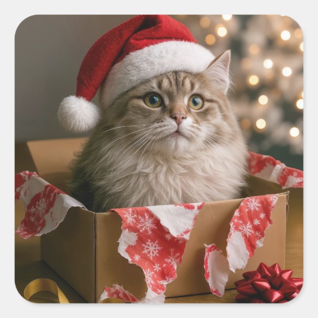 Pegatina Cuadrada Gato de Navidad en una caja (Anverso)