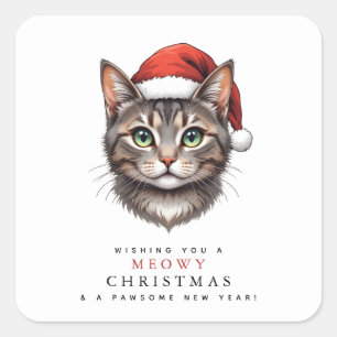Pegatina Cuadrada Gato de Navidad moderno y lindo con sombrero de Sa