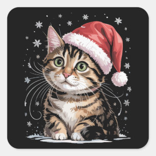 Pegatina Cuadrada Gato de Navidad Nieve Sombrero de Santa Invierno