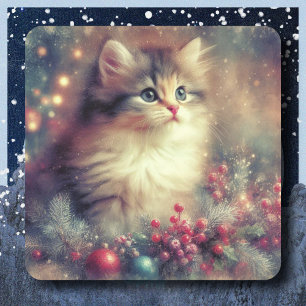Pegatina Cuadrada Gato de Navidad Vintage
