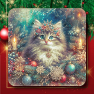 Pegatina Cuadrada Gato de Navidad Vintage Festivo
