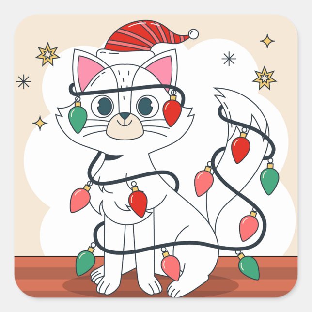 Pegatina Cuadrada Gato de navidades (Illustration of a white cat wearing a red and white striped Santa hat!)