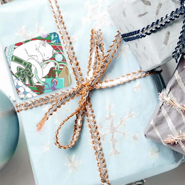 Pegatina Cuadrada Gato de Navidades blancos (Subido por el creador)