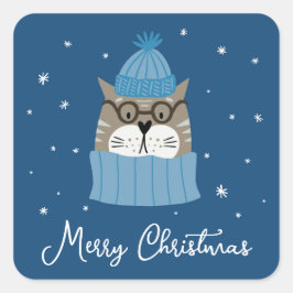 Pegatina Cuadrada Gato de Navidades lindo en cómodos conocimientos d