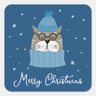 Pegatina Cuadrada Gato de Navidades lindo en cómodos conocimientos d