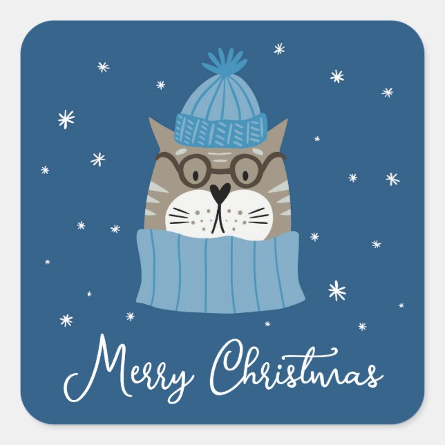 Pegatina Cuadrada Gato de Navidades lindo en cómodos conocimientos d (Anverso)