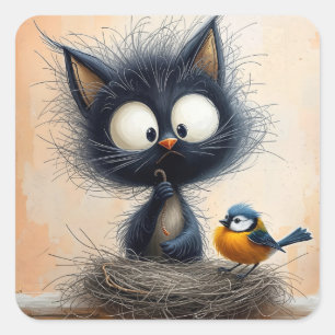 Pegatina Cuadrada Gato de ojos anchos escrupuloso sosteniendo un gus