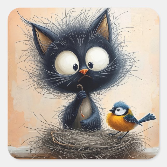 Pegatina Cuadrada Gato de ojos anchos escrupuloso sosteniendo un gus (Anverso)