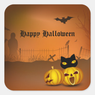 Pegatina Cuadrada Gato de parche de calabaza negra feliz de Hallowee