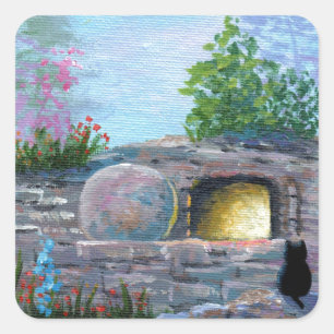 Pegatina Cuadrada Gato de Pascua Cristiano Arte Tumba vacía