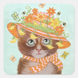 Pegatina Cuadrada Gato de Pascua en el capo de Pascua con las