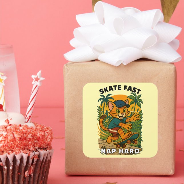 Pegatina Cuadrada Gato de patineta (Fiesta)